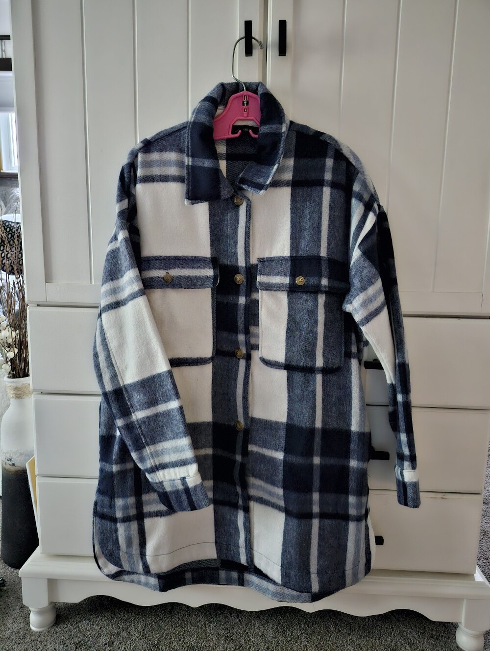 Banana Republic Womens Navy and White Plaid Shacket Jacket Sz S